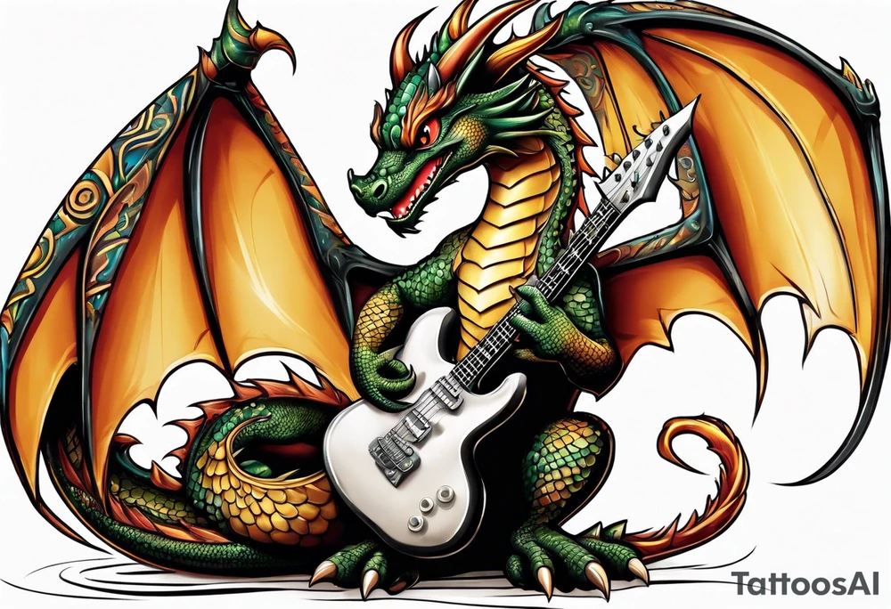 baby dragon with guitar tattoo idea