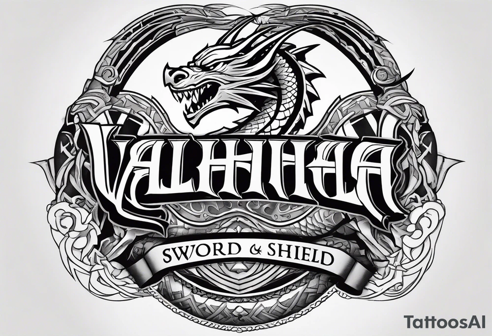 Valhalla sword shield dragon head axe tattoo idea