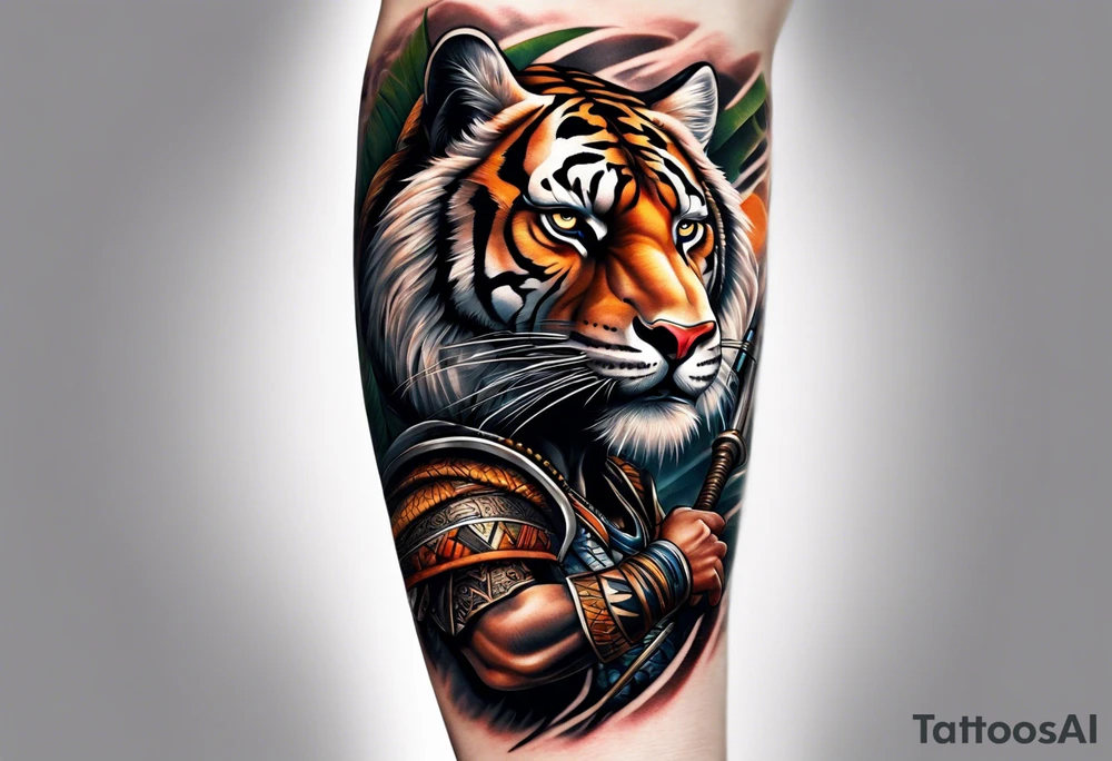 Forearm tattoo of a African warrior with a tiger tattoo idea