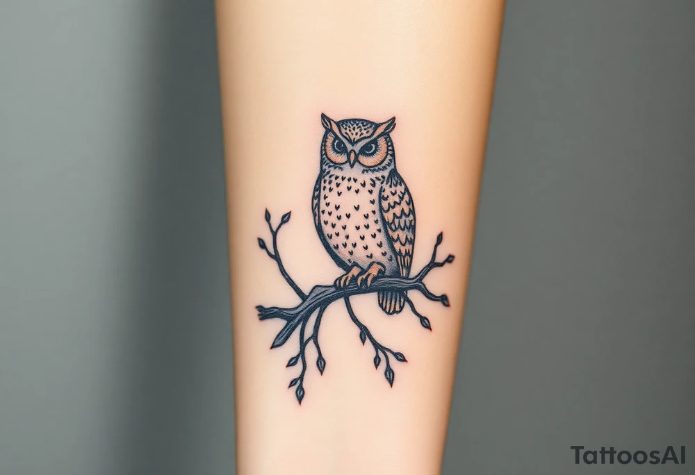 wise owl perched on ancient oak branch under starlit sky tattoo idea