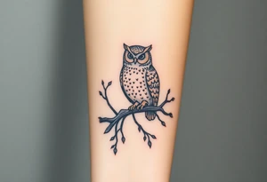 wise owl perched on ancient oak branch under starlit sky tattoo idea