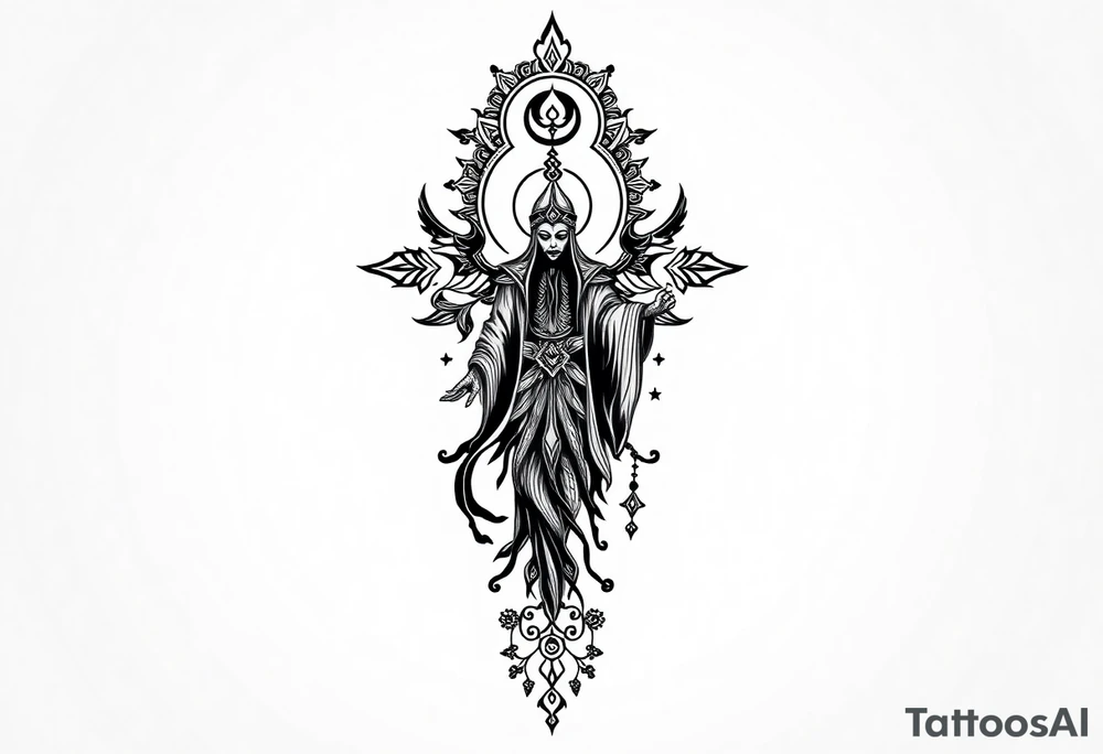 mystical dark and long ornament with shaman and witch mytolog and ancient rhyme tattoo idea