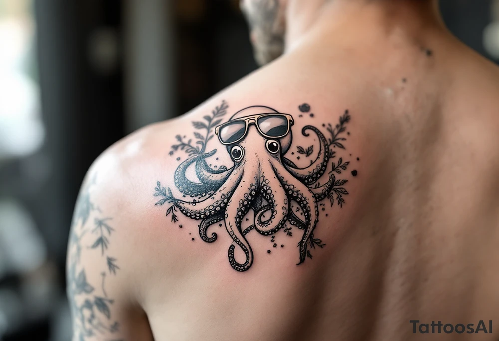 cute octopus, wearing sunglasses, friendly , surrounded by floral ornaments and oceanic items tattoo idea