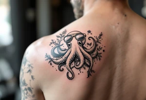 cute octopus, wearing sunglasses, friendly , surrounded by floral ornaments and oceanic items tattoo idea