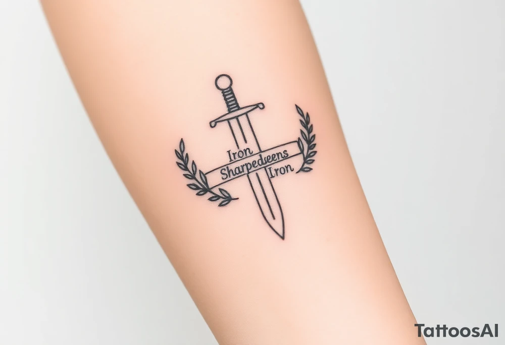 Tattoo sketch of a sword surrounded by olive branches, symbolizing strength and peace. “Iron Sharpens Iron” written subtly on the blade. Simple black linework, forearm tattoo. tattoo idea