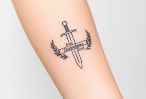 Tattoo sketch of a sword surrounded by olive branches, symbolizing strength and peace. “Iron Sharpens Iron” written subtly on the blade. Simple black linework, forearm tattoo. tattoo idea