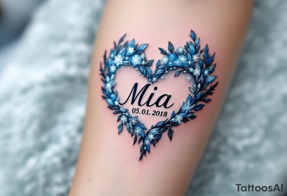 Mia 05. 01. 2018 – A heart-shaped arrangement of frosty blue and silver, with Mia's birthdate in a classic calligraphy font. tattoo idea