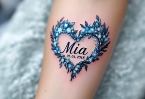 Mia 05. 01. 2018 – A heart-shaped arrangement of frosty blue and silver, with Mia's birthdate in a classic calligraphy font. tattoo idea