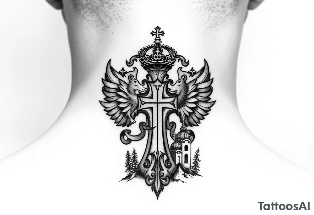 russian coat arms in a russian christian orthodox cross with the cross in the middle with a virgin mary & orthodox dome church on the side of the neck in a wilderness setting tattoo idea