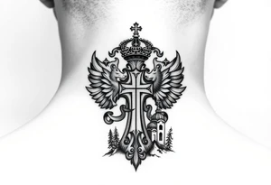 russian coat arms in a russian christian orthodox cross with the cross in the middle with a virgin mary & orthodox dome church on the side of the neck in a wilderness setting tattoo idea