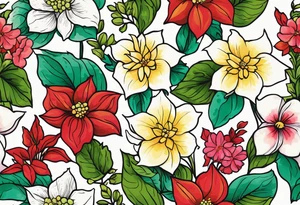 Hydrangea, Narcissus, Poinsettia, Holly, Gladiolus, Poppy, Daisy, Sweet Pea floral tattoo idea
