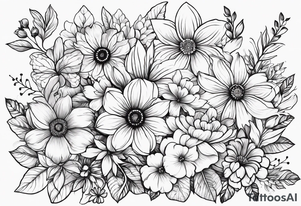 I want a flower bouquet on my upper arm with the April and September birth flower in it. I also want to incorporate flower drawings of my 3 kids. Maybe incorporate an owl tattoo idea