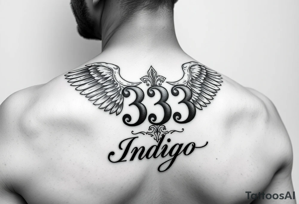 Angel number 333 with the name indigo in it tattoo idea