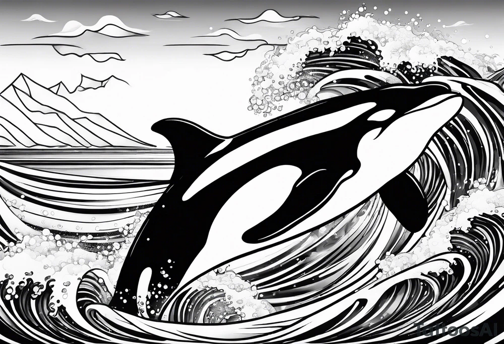 orca, flowing, waves and kelp highlights tattoo idea