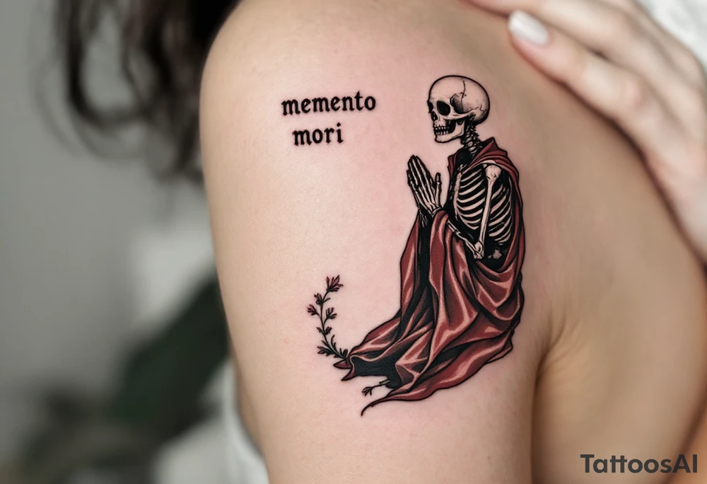 A skeleton in grayscale kneeling with hands in prayer, draped in a dark red robe, "memento mori" hovering faintly above. tattoo idea
