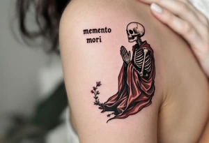 A skeleton in grayscale kneeling with hands in prayer, draped in a dark red robe, "memento mori" hovering faintly above. tattoo idea