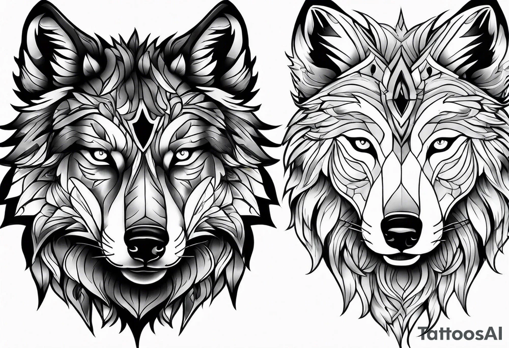 Arm sleeve with wolf heads tattoo idea