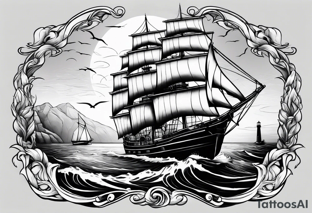 ghost marine lighthouse behind the bow of a sailboat. tattoo idea