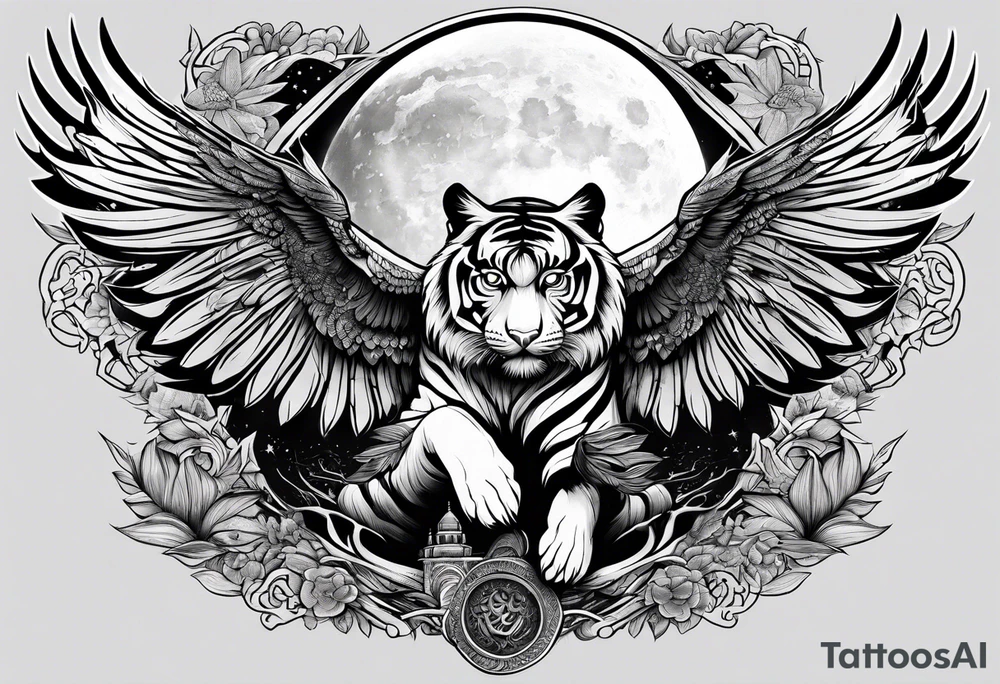 Tiger hunting flying owl full moon forest tattoo idea
