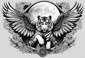 Tiger hunting flying owl full moon forest tattoo idea