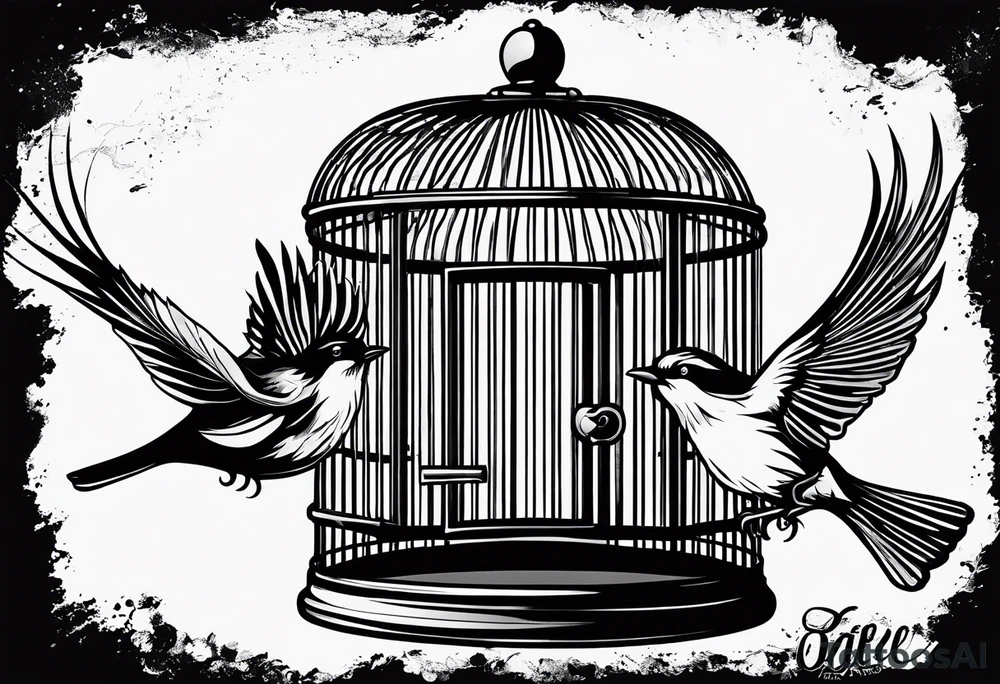 A simple open bird cage with a bird flying out, with the words ‘be free’ tattoo idea