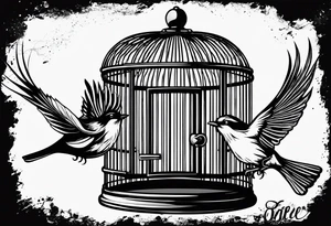 A simple open bird cage with a bird flying out, with the words ‘be free’ tattoo idea