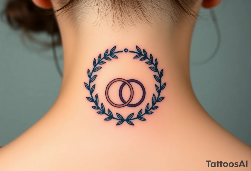 A delicate laurel wreath encircling a pair of wedding rings tattoo idea