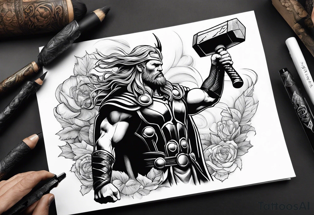 Thor mit Hammer in der Hand kämpft gegen riesige Schange tattoo idea