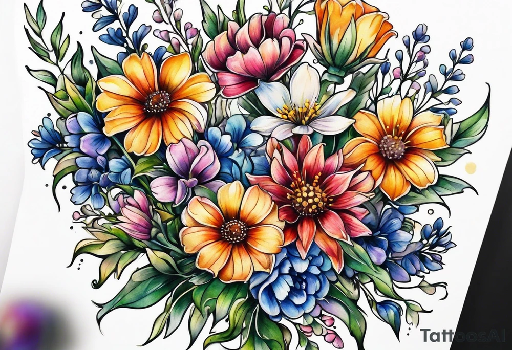 long stem wildflower bouquet tattoo idea
