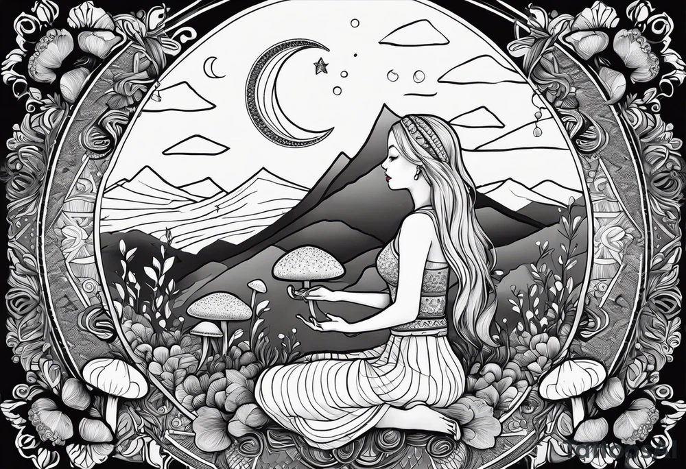 Straight blonde hair girl holding mushrooms in hand meditating facing away toward mountains surrounded by mushrooms crescent moon mandala circular design black and white striped dress tattoo idea