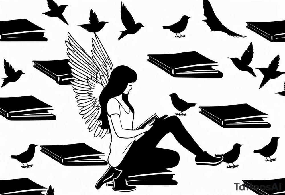 Kneeling Girl with angel wings, side profile, holding a stack of books that are open with silhouettes of birds flying out of them. Smaller and more  minimalistic. tattoo idea