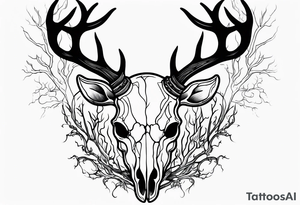 Halloween side profile of a DECAYING deer skull JUST BONE surrounded by a flames and trees in background tattoo idea