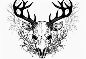 Halloween side profile of a DECAYING deer skull JUST BONE surrounded by a flames and trees in background tattoo idea