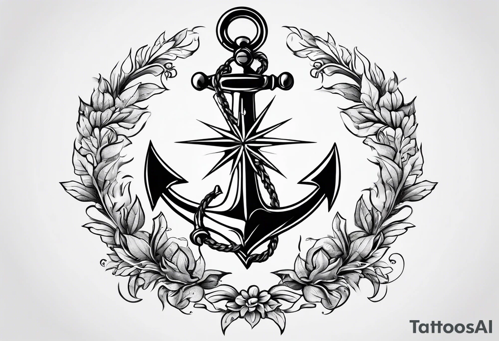 A selucid style anchor in front of a compass and a narrow laurel wreathe wrapped around the compass tattoo idea
