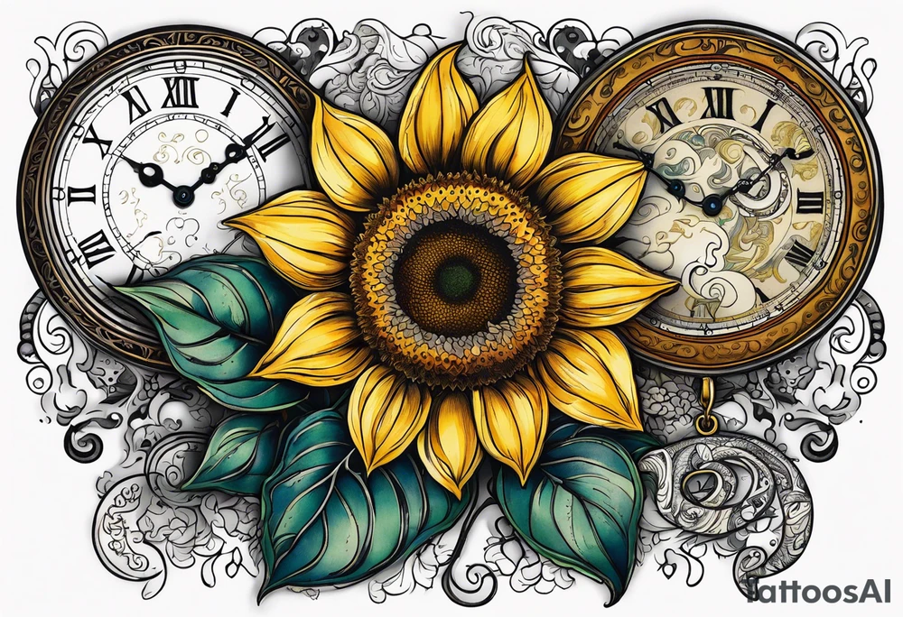 Sunflower, paisley, moon, 3 old fashioned pocket watches, witchy tattoo idea