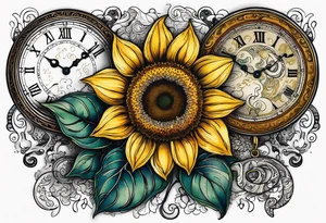 Sunflower, paisley, moon, 3 old fashioned pocket watches, witchy tattoo idea