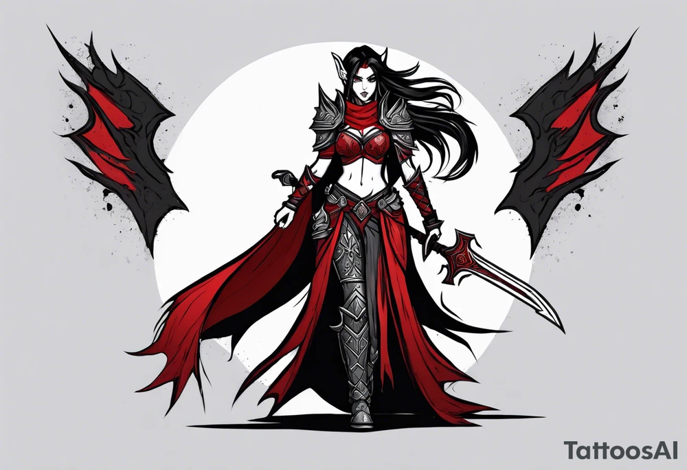 Line art full body of an female night elf warrior with black and blood crimson red plate armor. with long black pony tail style. she is very battle hardened. wielding a massive great sword with blood dripping from it. she is walking towards you.she got fur on her shoulders and an red cape. art style inspired by world of warcraft, tattoo design tattoo idea