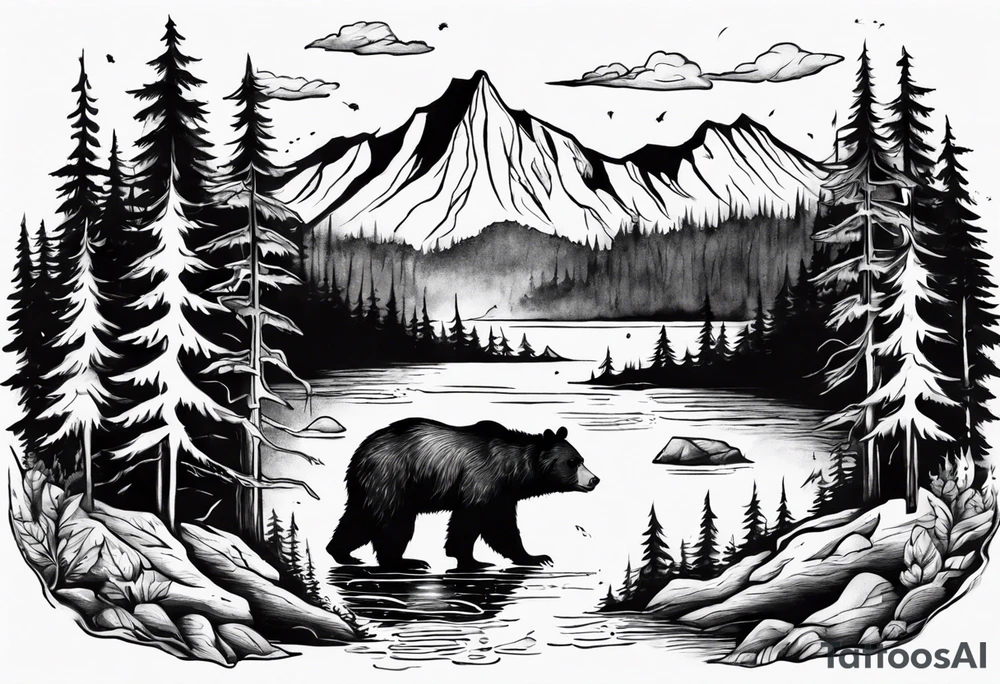 bear, forest, lake, appalachia, arm sleeve tattoo tattoo idea