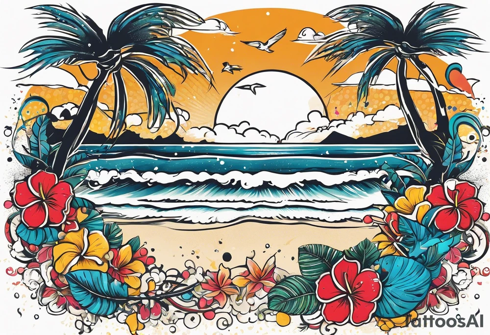 vintage beach dance party with music and confetti, tropical drinks tattoo idea