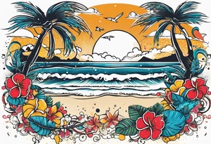 vintage beach dance party with music and confetti, tropical drinks tattoo idea