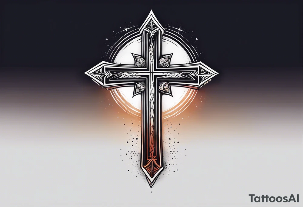 A minimalist tattoo featuring a cross rising from a dark background. The cross should be adorned with a small crown, symbolizing Christ's victory. tattoo idea