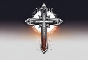 A minimalist tattoo featuring a cross rising from a dark background. The cross should be adorned with a small crown, symbolizing Christ's victory. tattoo idea