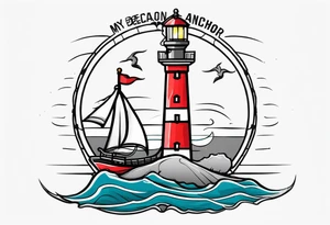 Lighthouse and anchor that says "MY BEACON MY ANCHOR" tattoo idea