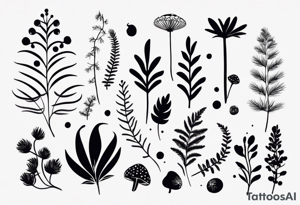 forest floor inspired minimalist tattoo, which includes grass, curly ferns, moss and dead leaves as the bulk of the tattoo. details to include: forest berries, a tiny bumblebee flying nearby, three small brown mushrooms
Generate a vertically long one tattoo idea