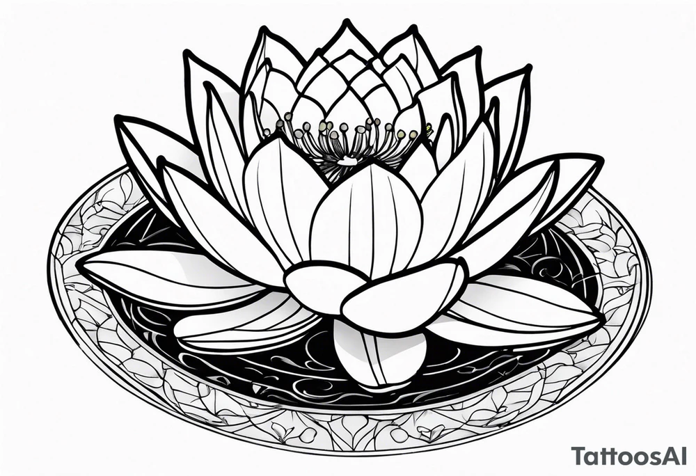 Water lilly on top of hour glass with black background tattoo idea