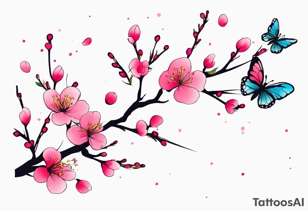 Vibrant, pink plum blossom branches with colorful butterflies tattoo idea