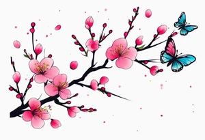Vibrant, pink plum blossom branches with colorful butterflies tattoo idea
