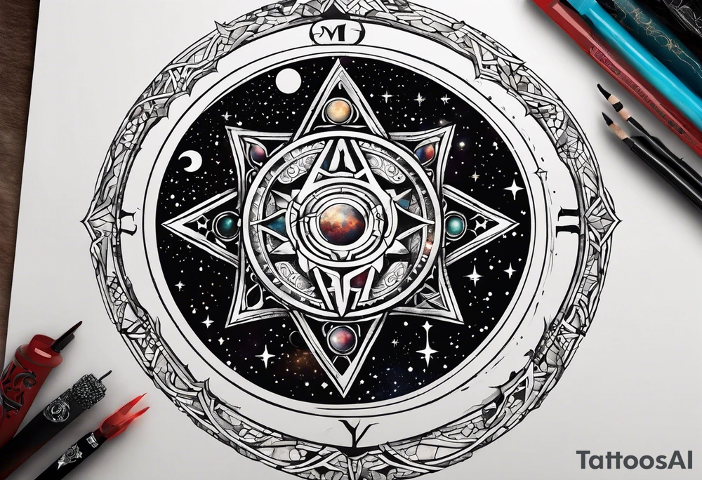 Matter, energy, space and time with an old stone theta symbol with stars in the background and Scorpio constellation tattoo idea