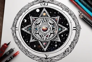Matter, energy, space and time with an old stone theta symbol with stars in the background and Scorpio constellation tattoo idea