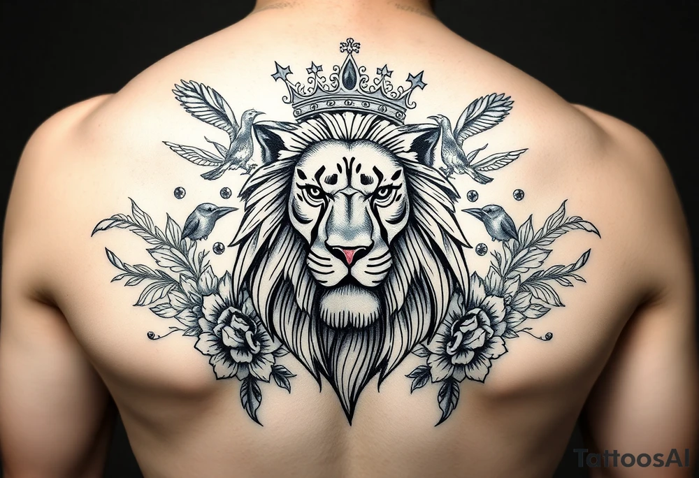 powerful majestic lion with a crown, surrounded by floral ornaments and birds on a shoulder tattoo idea
